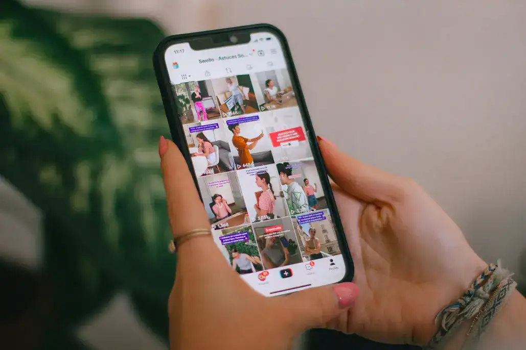 Female hands holding a phone looking at an instagram page