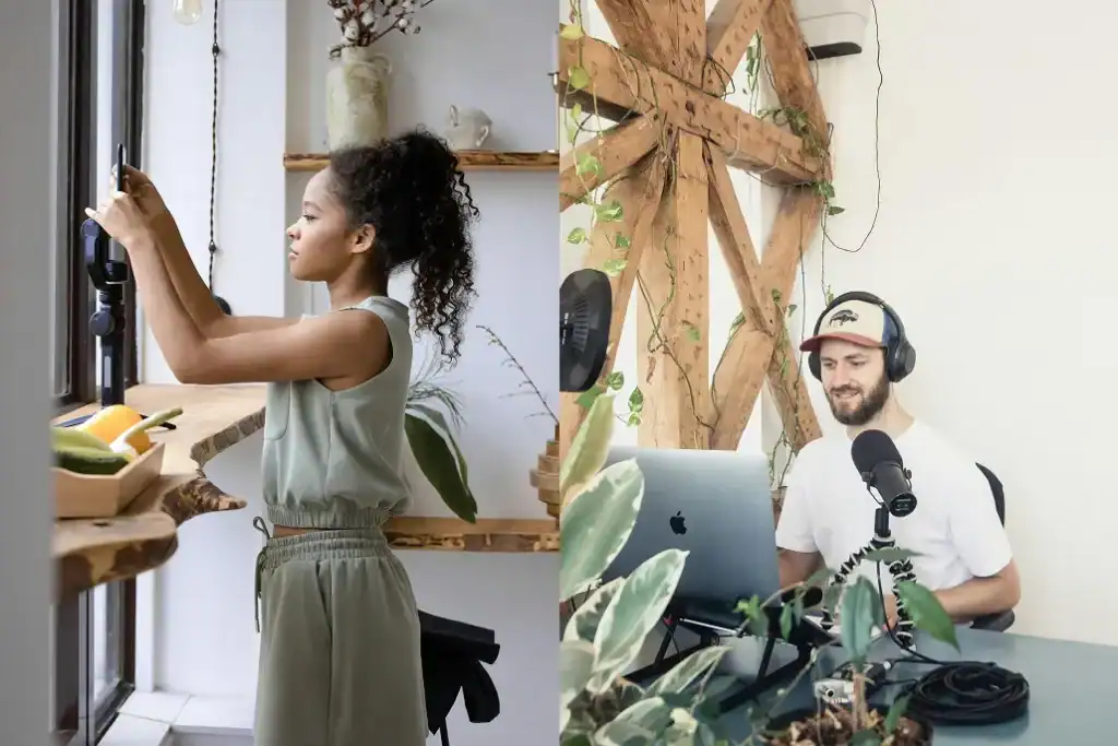 Two content creators creating content, one is a female taking a picture and the second is a pan recoring a podcast