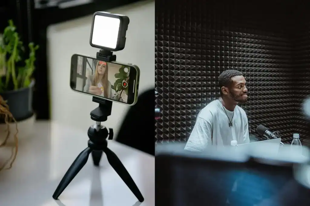 Two images, one is a phone stand to take images and videos, the second is a man in a recording studio
